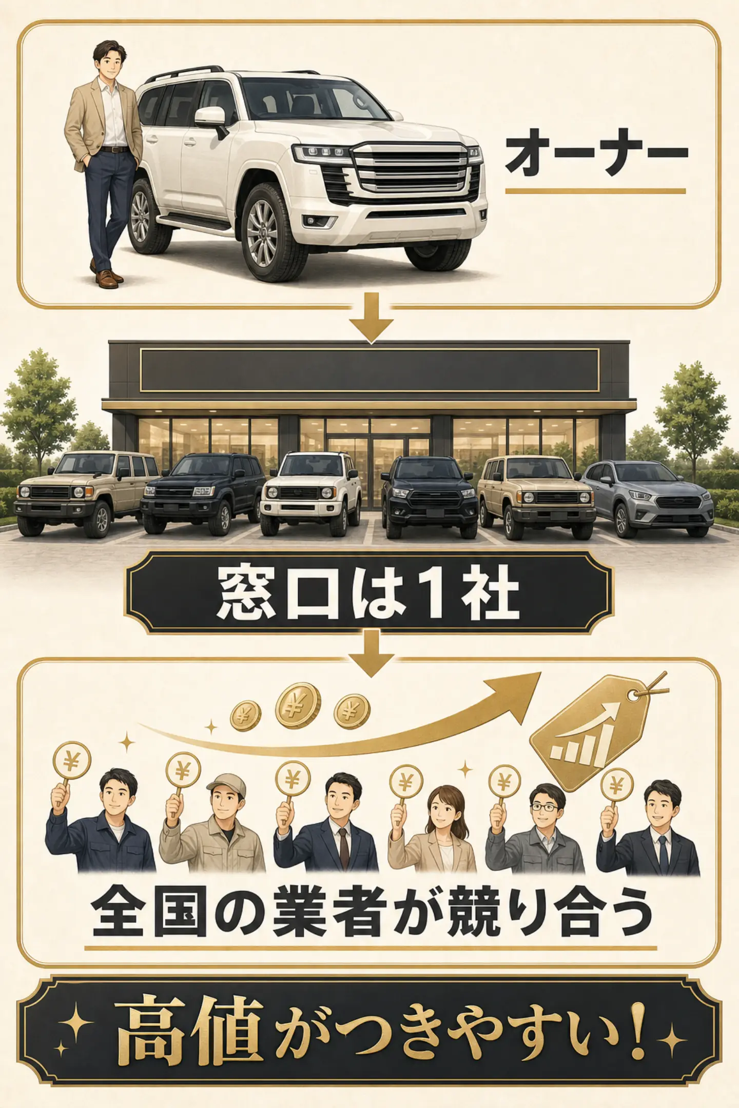 オーナーが1社を窓口に全国の業者から入札を受けるオークション形式の説明